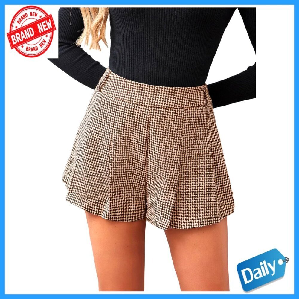 High Waisted Pleated Skorts Business Casual Houndstooth Plaid Shorts